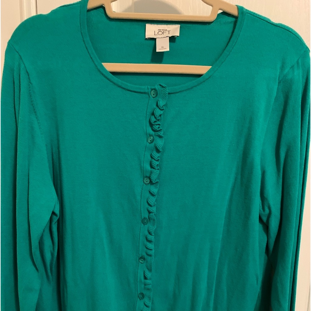 Women’s Loft, long sleeve button down ruffle front sweater